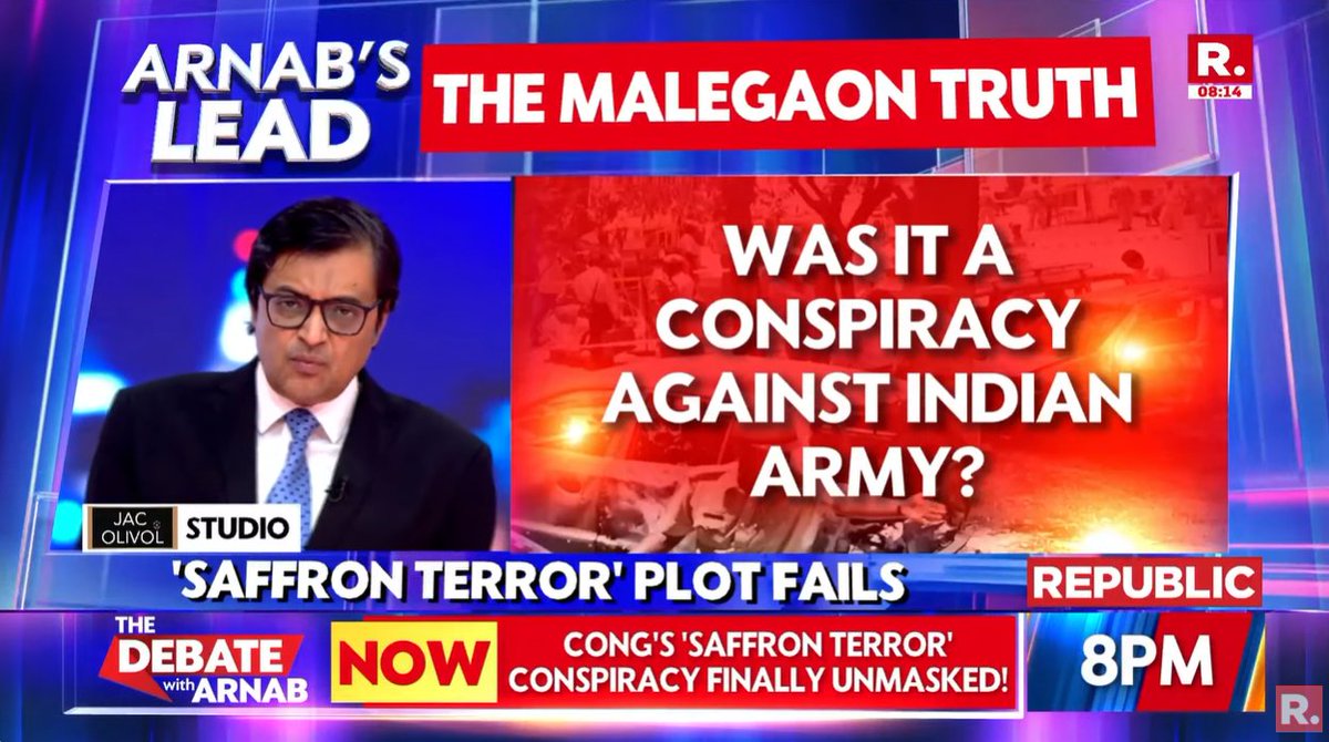 republic's tweet image. #TruthWins | Malegaon vindication: 'Saffron terror' plot fails

#SuperprimetimeMax with Arnab Goswami, on-air, and online. Tune in and fire in your views:youtube.com/live/PsfmquURn…

#MalegaonVerdict #Breaking #ColPurohit #SadhviPragya