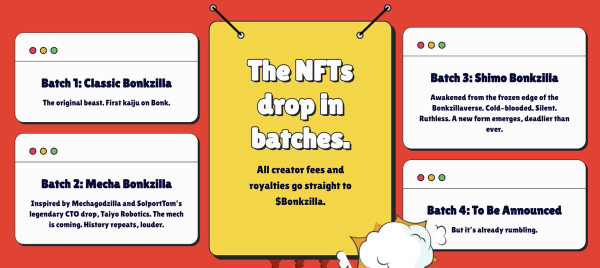 Bonkzillaverse's tweet photo. The NFTs will come in a few batches.
Each one expands the Bonkzillaverse.
New forms. New traits. New chaos. Stay tuned.
#Bonkzilla #NFTs https://t.co/XmH5C7b53K