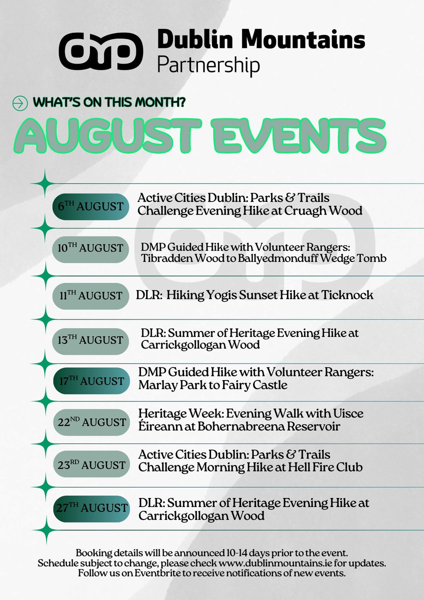 August is packed with activities!
Follow our Eventbrite page to stay in the loop eventbrite.ie/o/dublin-mount…
🧘🏽 Book Hiking Yogis here eventmaster.ie/event/zZz4FPYS…
Keep an eye out for our Volunteer Rangers on other duties and training during the month!
More info at dublinmountains.ie