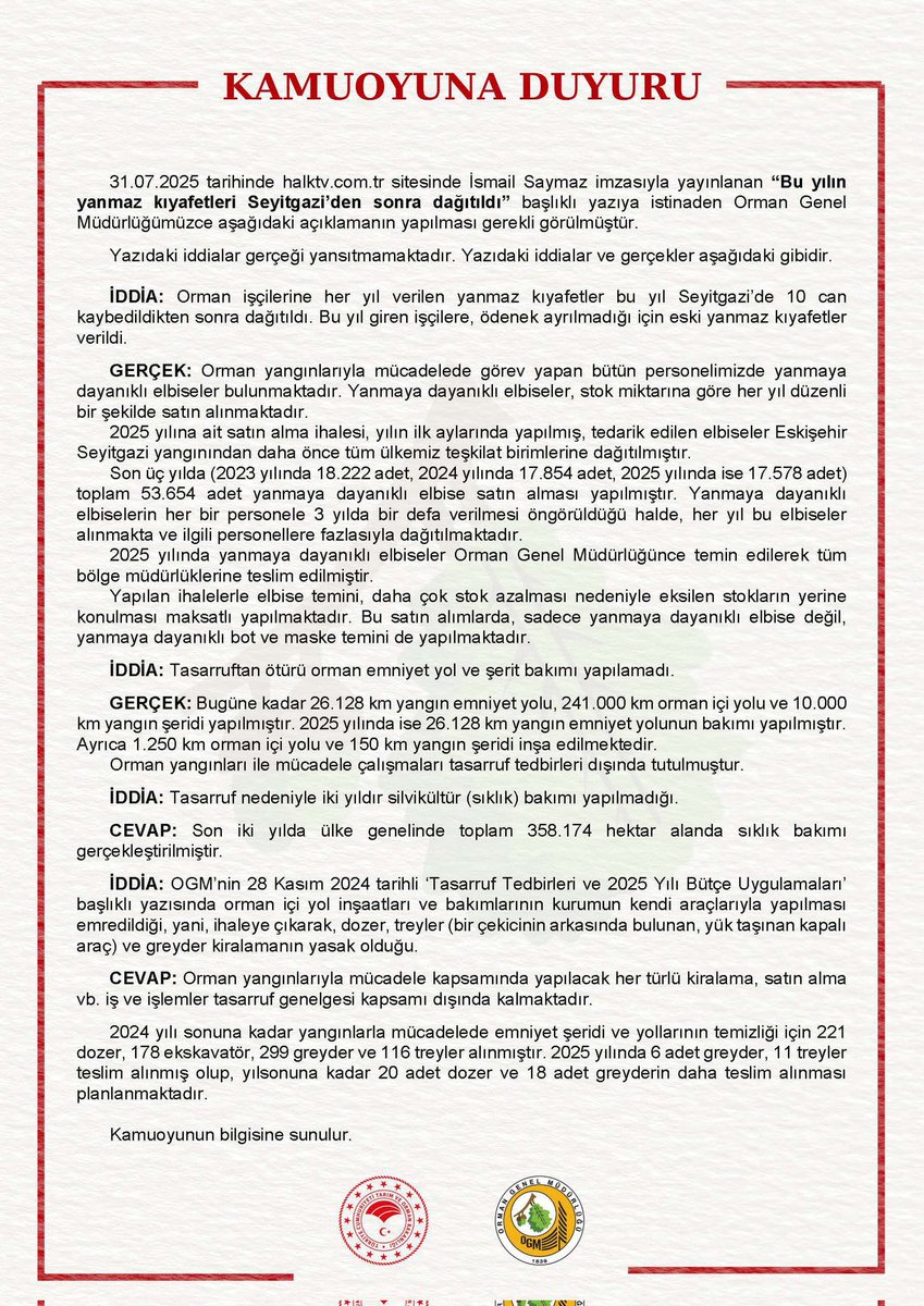 The image is a formal announcement document from Orman Genel Müdürlüğü (@OGMgovtr), featuring a clean, white background with red and black text in Turkish. It includes the organization\'s logo and two additional logos at the bottom, likely representing governmental or environmental entities. The text, titled "KAMUOYUNA DUYURU" (Public Announcement), details official forestry-related updates, such as personnel changes and regional management, as indicated by the post context. No platform watermarks like Instagram or TikTok are present, and the composition is professional, with clear, well-spaced text and logos.
