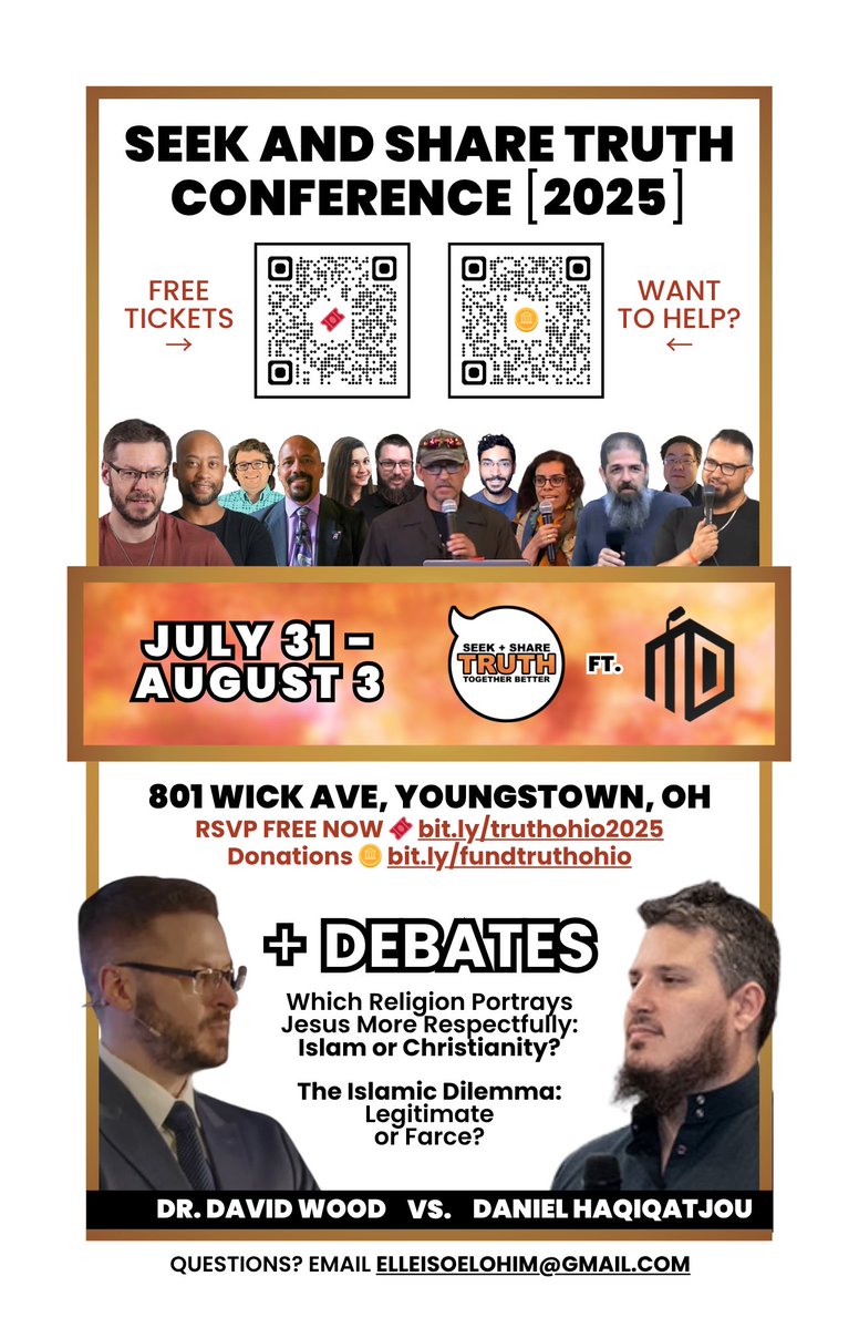 Modern-Day Debate (@moderndaydebate) on Twitter photo *FREE: See David Wood and Daniel Haqiqatjou debate in Youngstown, OH on Sunday, August 3rd, here:
RSVP FREE NOW! : ticketleap.events/.../seekandsha… Donations : givesendgo.com/seekandsharetr…
Promo Video : youtu.be/tQGCd1L1VeU <a href="/Acts17David/">Dr. David Wood</a> <a href="/Haqiqatjou/">Daniel Haqiqatjou</a> <a href="/ApostateProphet/">Ridvan Aydemir | Apostate Prophet 🎗</a> *FREE: See David Wood and Daniel Haqiqatjou debate in Youngstown, OH on Sunday, August 3rd, here:
RSVP FREE NOW! : ticketleap.events/.../seekandsha… Donations : givesendgo.com/seekandsharetr…
Promo Video : youtu.be/tQGCd1L1VeU <a href="/Acts17David/">Dr. David Wood</a> <a href="/Haqiqatjou/">Daniel Haqiqatjou</a> <a href="/ApostateProphet/">Ridvan Aydemir | Apostate Prophet 🎗</a>