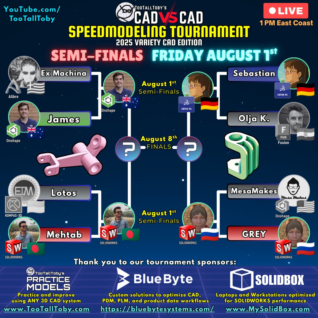 🔥CAD vs CAD SEMI FINALS! Join us Tomorrow!! youtube.com/watch?v=imQyex… 

Onshape vs SOLIDWORKS
Catia vs SOLIDWORKS

Live at 1 PM!!

TooTallToby's CAD vs CAD Speedmodeling Tournament 2025 Variety CAD Edition! 

#CAD #Competition #Tournament #Speedmodeling #solidworks #onshape #catia