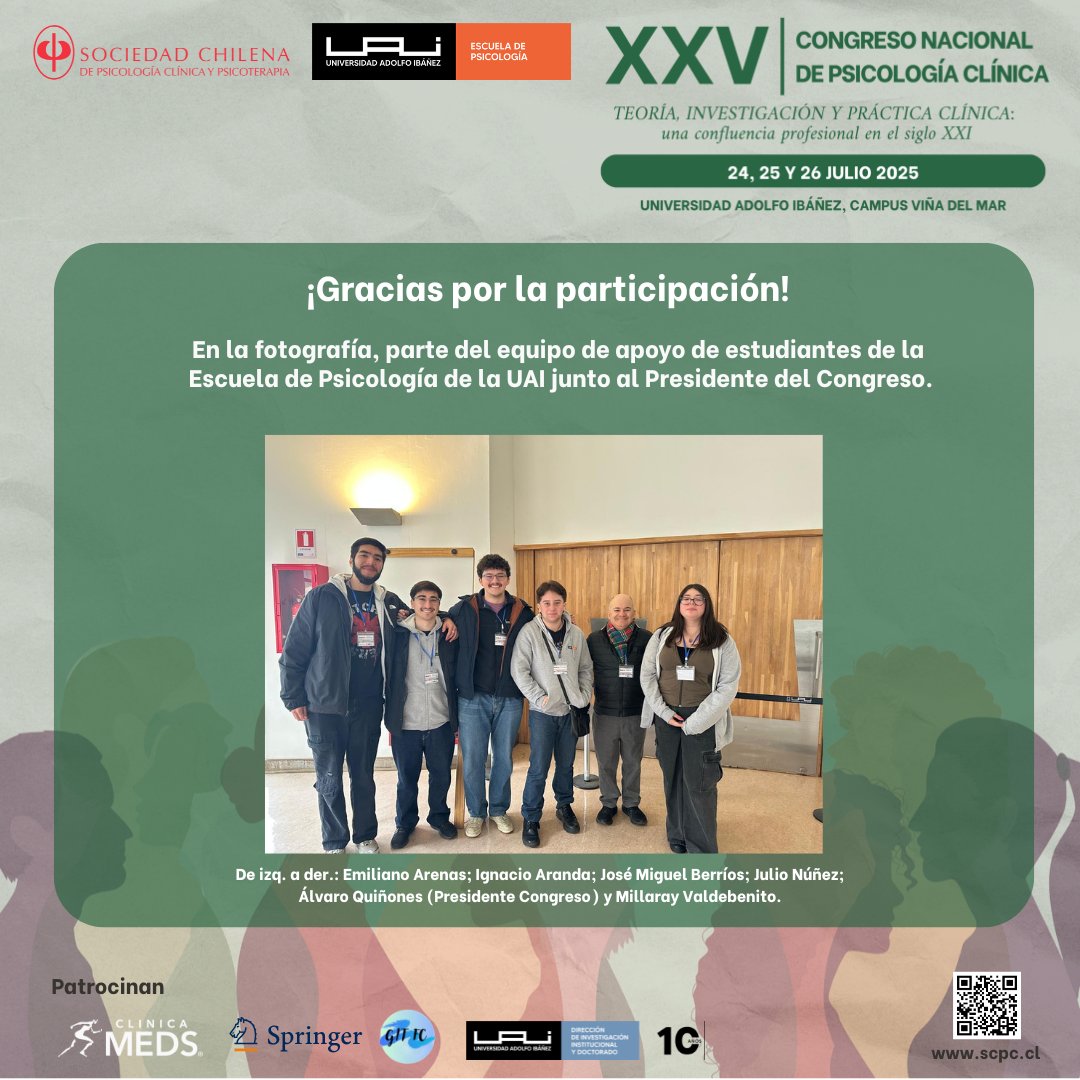 scpc_chile's tweet photo. Queremos reconocer el valioso rol del grupo de estudiantes de la @Psicologia_UAI , quienes colaboraron activamente como personal de apoyo durante el XXV Congreso Nacional de Psicología Clínica y Psicoterapia. No habría sido posible sin su compromiso, responsabilidad y dedicación https://t.co/73TWMH2f1s