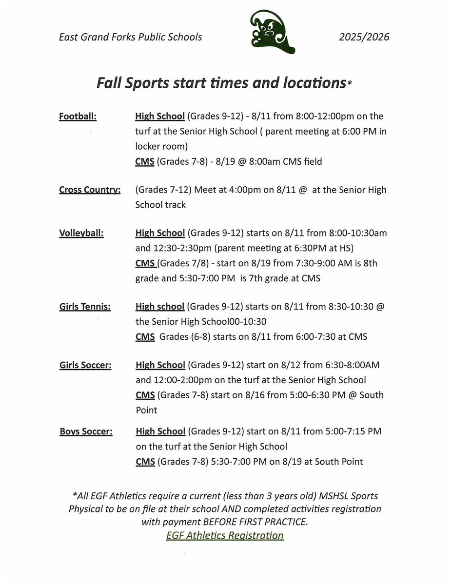 Fall Sports start 8/11/25. All athletes must have a current physical and be registered BEFORE their first practice. 
I have attached a listing of the start times and locations of each sports first practice.
Registration Link: 1967a.cf.wordwareinc.com