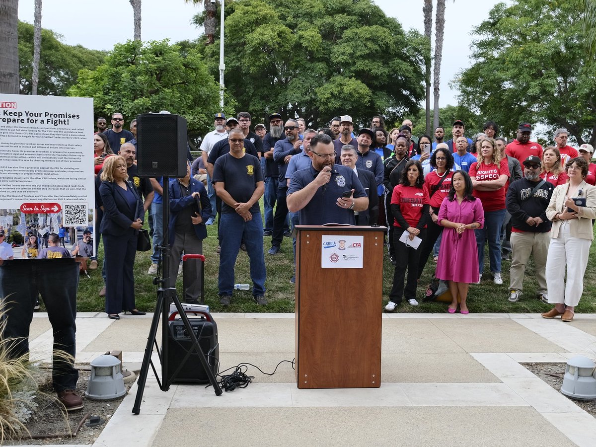 Teamsters's tweet image. Teamsters Local 2010, the California Faculty Association (CFA), the California State University Employees Union (CSUEU), and other unions that collectively represent 80,000 workers at California State University (CSU) held a press conference and rallied to expose the university’s…