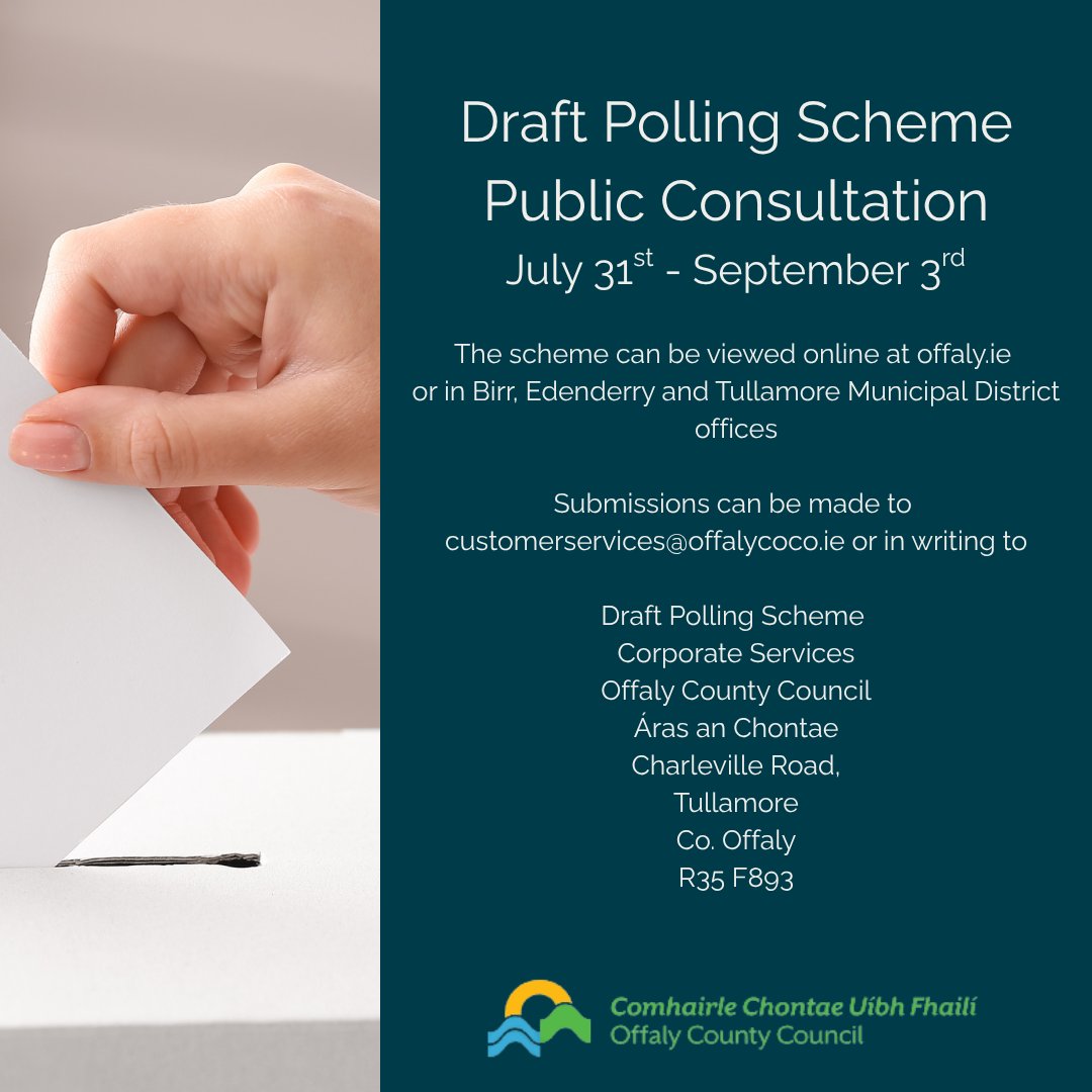 offalycoco's tweet image. #YourCouncil in accordance with the Electoral (Polling Schemes) Regulations 2021 has prepared a Draft Polling Scheme.  

Full details are included on offaly.ie

#ShareYourViews  

#YourVoteYourVoice