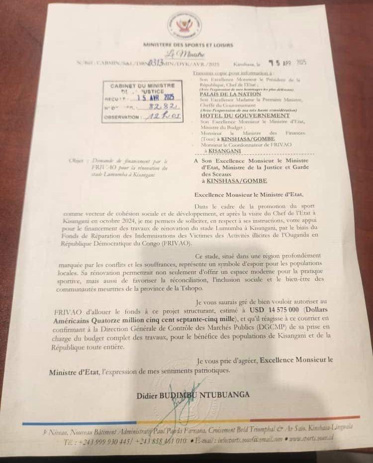 Echosnet (@mwenyif4) on Twitter photo Dans une lettre adressée à <a href="/ConstantMutamba/">Constant Mutamba</a> , le 15 avril 2025, <a href="/DidierBudimbu/">Didier Budimbu Ntubuanga</a> avait sollicité et obtenu la somme de 14,5 millions $ provenant du fonds #FrivaoRDC pour procéder à la réhabilitation du stade Lumumba à #Kisangani. Pourtant, les travaux n'ont jamais démarré.
#RDC Dans une lettre adressée à <a href="/ConstantMutamba/">Constant Mutamba</a> , le 15 avril 2025, <a href="/DidierBudimbu/">Didier Budimbu Ntubuanga</a> avait sollicité et obtenu la somme de 14,5 millions $ provenant du fonds #FrivaoRDC pour procéder à la réhabilitation du stade Lumumba à #Kisangani. Pourtant, les travaux n'ont jamais démarré.
#RDC