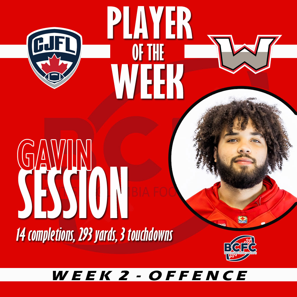 CJFL Offensive Player of the Week Quarterback Gavin Session 🔥
In our home opener win Gavin completed 66% of his passes connecting 14 times for 293 yards and threw three touchdowns!
#RebelUp #QB1 #PlayeroftheWeek