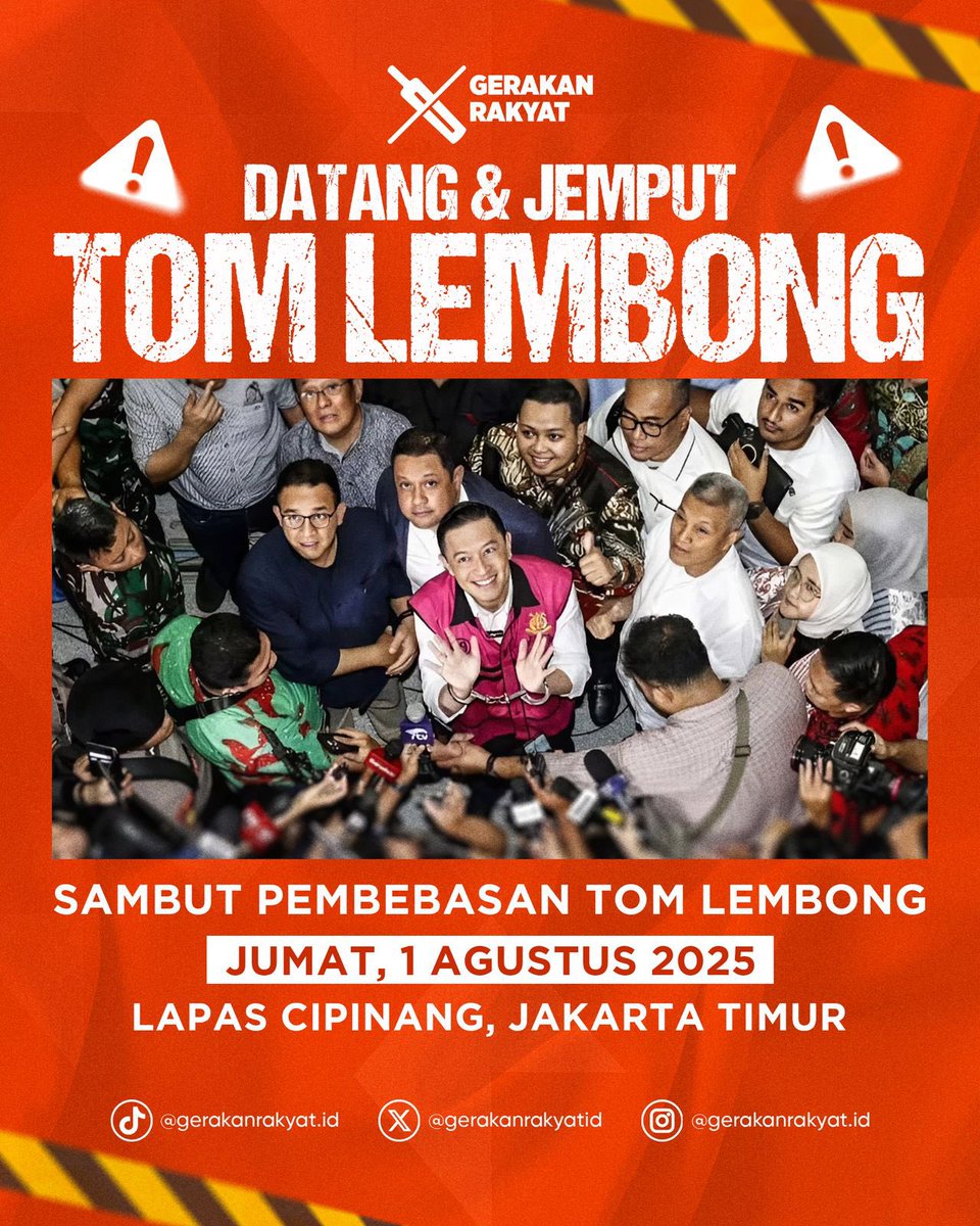 Kita sambut pembebasan Tom Lembong besok jam 1 siang! 🙌