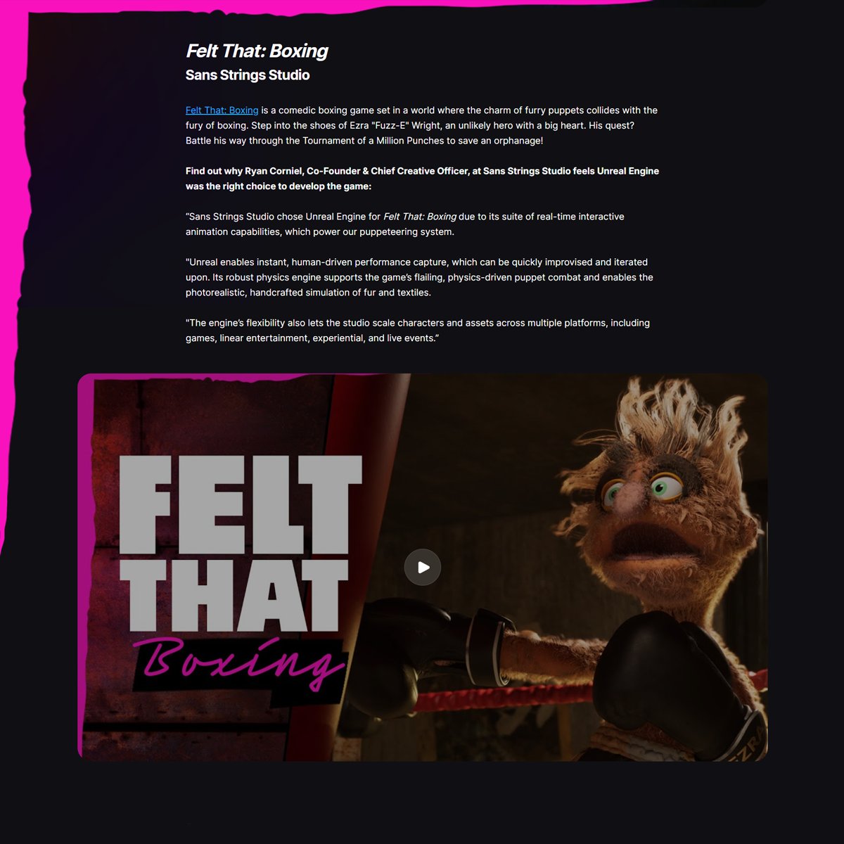 FeltThatGame (@feltthatgame) on Twitter photo 🥊 Grateful to be featured in <a href="/unrealengine/">Unreal Engine</a>'s indie spotlight!
"Unreal enables instant, human-driven performance capture, which can be quickly improvised and iterated upon." - Ryan Corniel, Co-Founder & CCO
Read the full article: unrealengine.com/en-US/develope… 🥊 Grateful to be featured in <a href="/unrealengine/">Unreal Engine</a>'s indie spotlight!
"Unreal enables instant, human-driven performance capture, which can be quickly improvised and iterated upon." - Ryan Corniel, Co-Founder & CCO
Read the full article: unrealengine.com/en-US/develope…