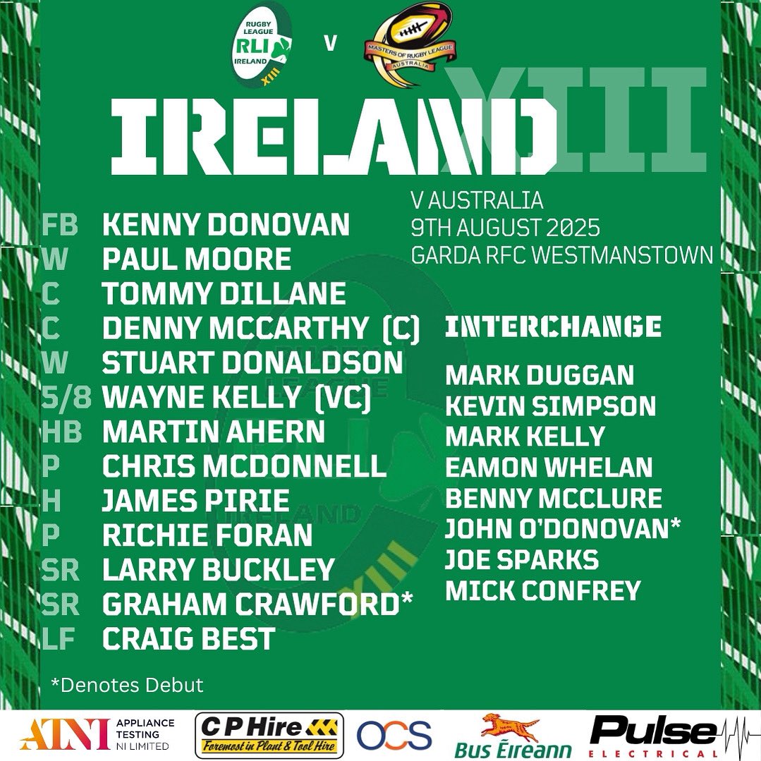 Rugby League Ireland Masters (@rlimasters) on Twitter photo We are delighted to announce our starting lineup for our upcoming game against Australia in <a href="/gardarugby/">gardarugby</a>, Westmanstown on August 9th.
Congratulations to all selected - especially our 2 debutants Graham Crawford & John O'Donovan.
#RLIMasters #IrelandMasters #RugbyLeagueIreland We are delighted to announce our starting lineup for our upcoming game against Australia in <a href="/gardarugby/">gardarugby</a>, Westmanstown on August 9th.
Congratulations to all selected - especially our 2 debutants Graham Crawford & John O'Donovan.
#RLIMasters #IrelandMasters #RugbyLeagueIreland