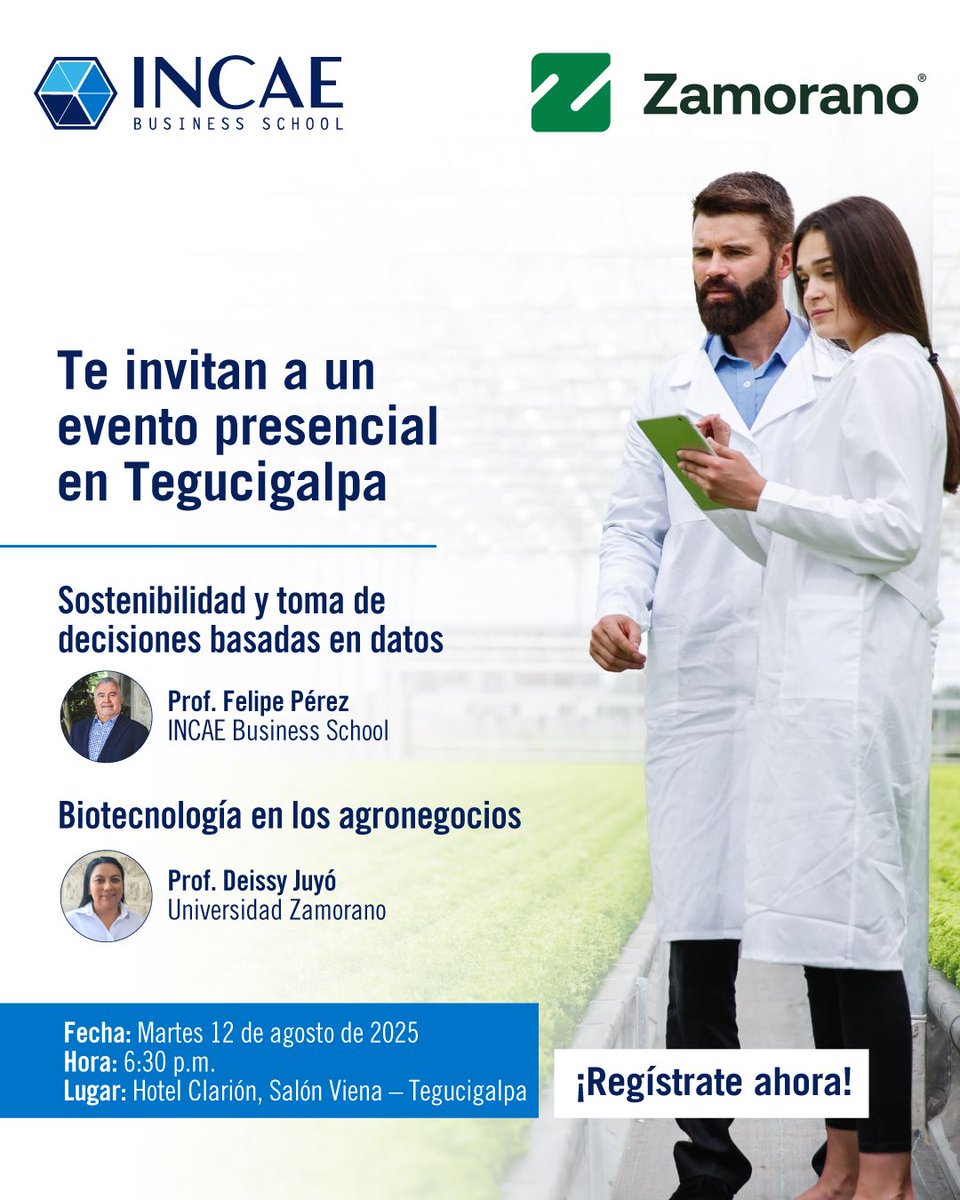 Acompáñanos este martes 12 de agosto a las 6:30 p.m. en el Hotel Clarión, Tegucigalpa, a una Clase Modelo Compartida de INCAE y Zamorano.

Regístrate sin costo y vive una experiencia académica única con dos referentes en educación de alto nivel: buff.ly/x9bgwyt 

#INCAE