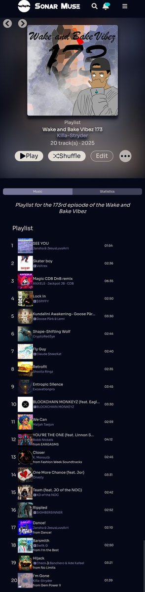 This week's playlist consists of songs by 

<a href="/anXelsNFT/">ANXELS | #Believe</a> <a href="/JACKPOTJB77/">Jackpot</a>
<a href="/janshafn/">Jansha</a>
<a href="/blockchainmkyz/">BLOCKCHAIN MONKEYZ</a>
<a href="/gooseparks/">🪿Goose Pärk 🪺</a> <a href="/XRPLemi/">Lemi 🌊</a> <a href="/Nizo_Sensei/">Nizo_Sensei</a>
<a href="/claudesteezkat/">sheloveclaude</a>
<a href="/ShootaRingz/">Shoota Ringz</a>
<a href="/stevespiffler/">SPIFFY</a>
<a href="/SwilkG/">Swilk G</a>
<a href="/CheckBanchero/">CHECK</a> <a href="/KafeelAde/">Adé Kafeel (pronounced Ah-Day)</a>
<a href="/RobbNickels/">Robb Nickels #IMU Founding Team🎤🫅🏿</a>
<a href="/MaijahTaejon/">Maijah Taejon 🧚🏾‍♀️👑</a>
<a href="/KDoftheNOC/">KD of the NOC</a>
<a href="/SIGHB3RSINN3R/">Ƨ!G⧦BΣR🪞</a> 
<a href="/CryptoRed3ye/">🌬💨𓂀🏴‍☠️ | 🪝</a>