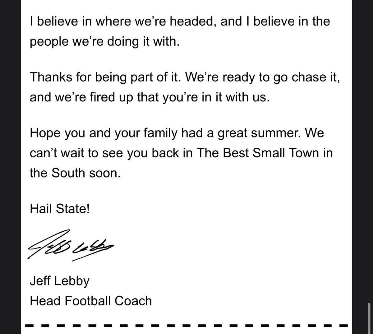 Brandon Langlois (@langloismsu) on Twitter photo Preseason camp is here.
Ahead of Practice No. 1 this morning, 250,000+ fan email inboxes received this note from <a href="/HailStateFB/">Mississippi State Football</a> head coach <a href="/Coach_Leb/">Jeff Lebby</a>.
New season. New energy. Preseason camp is here.
Ahead of Practice No. 1 this morning, 250,000+ fan email inboxes received this note from <a href="/HailStateFB/">Mississippi State Football</a> head coach <a href="/Coach_Leb/">Jeff Lebby</a>.
New season. New energy.