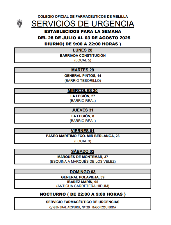 ⚕️Farmacia de guardia este #viernes en #Melilla

▶️De 09:00 a 22:00 horas
📍Paseo Marítimo Fco. Mir Berlanga, 23

▶️Servicio nocturno 22:00 a 09:00 horas
📍General Aizpuru, 29
