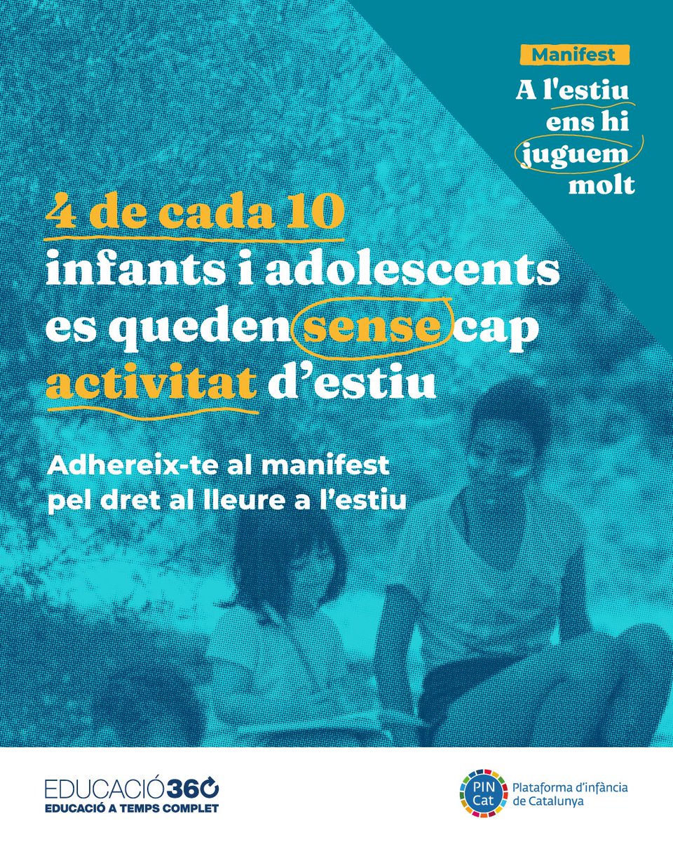 📥Ens adherim al manifest de <a href="/pincatinfancia/">PINCat - Plataforma d’Infància de Catalunya</a> i <a href="/educacio360/">Educació 360</a> en favor de l'universalització de l'educació en el lleure a l'estiu.

👉Una revindicació alineada amb la crida global de la <a href="/UNESCO/">UNESCO 🏛️ #Education #Sciences #Culture 🇺🇳</a> a garantir les oportunitats educatives a tots els infants i joves al llarg de la vida.