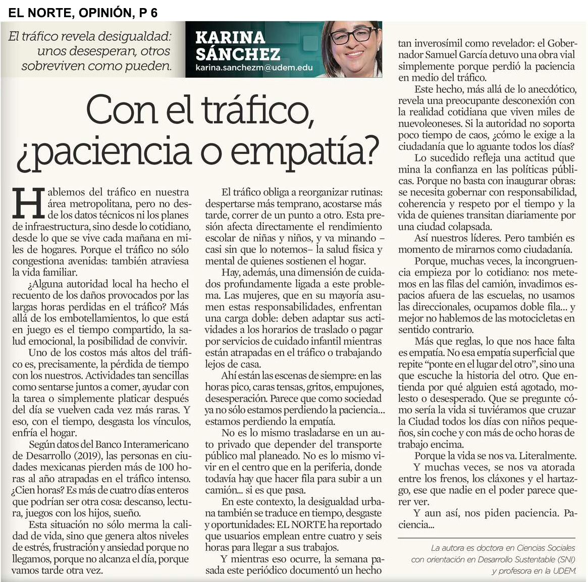 Conoce la opinión de la Dra. Karina Sánchez, profesora de nuestra Facultad de Derecho y Ciencias Sociales en El Norte 🗞👇