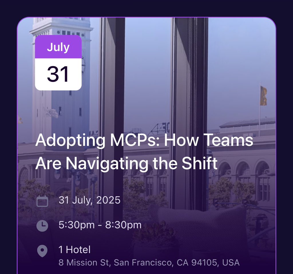 Brendan Irvine-Broque (@irvinebroque) on Twitter photo Later today in SF - come hear how MCP adoption is *actually* going within real companies. Still so much work left to do.
I’ll be on a panel in good company with <a href="/calcsam/">Sam Bhagwat</a> <a href="/SprihaTucker/">Spriha Tucker</a> and more. Come through!
🔗 below Later today in SF - come hear how MCP adoption is *actually* going within real companies. Still so much work left to do.
I’ll be on a panel in good company with <a href="/calcsam/">Sam Bhagwat</a> <a href="/SprihaTucker/">Spriha Tucker</a> and more. Come through!
🔗 below