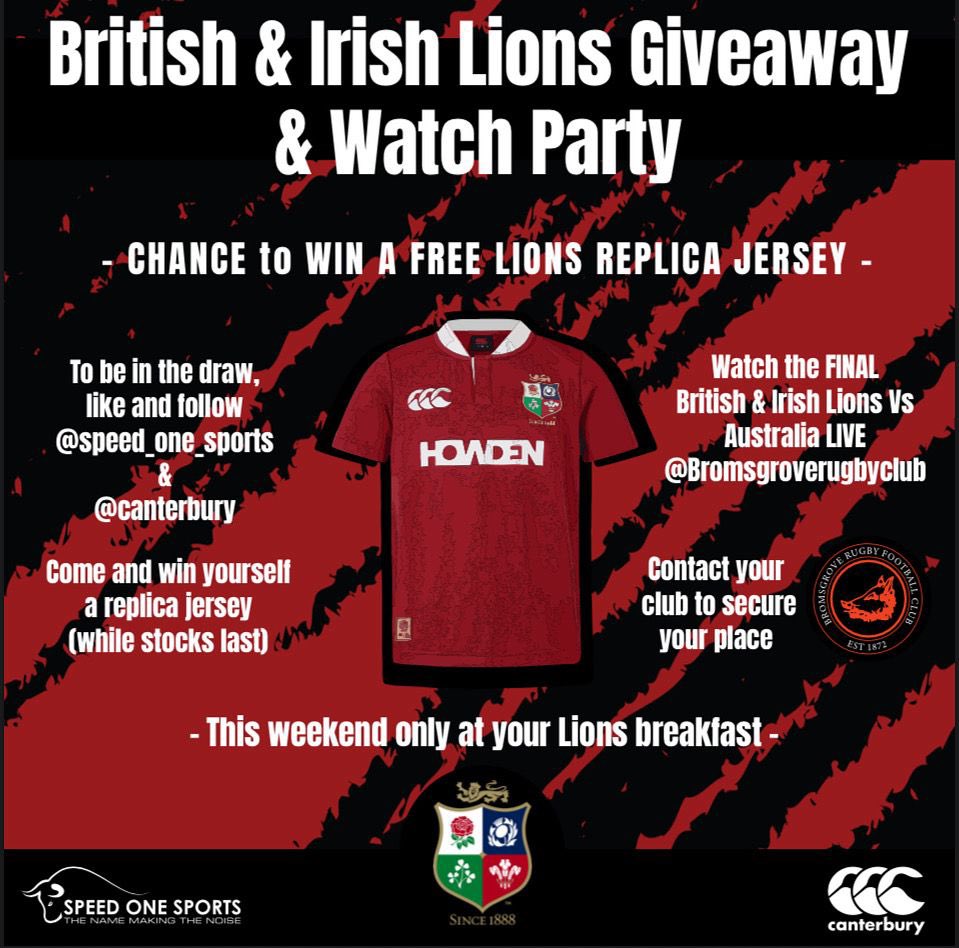 🔥 LIONS GIVEAWAY! 🔥
Join our Watch Party this weekend &amp; WIN a FREE replica jersey! 🏉

📍 <a href="/Bromsgroverugby/">Bromsgrove RFC</a> 
🦁 Lions vs 🇦🇺 Australia

✅ Like &amp; follow @speed_one_sports + @canterbury
🏆 Be there to claim your jersey (while stocks last!)

#LionsBreakfast #LionsGiveaway