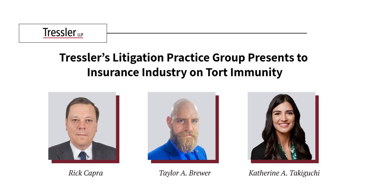 Tressler attorneys Rick Capra, Taylor A. Brewer, and Katherine A. Takiguchi recently gave an insightful presentation to clients in the insurance industry entitled “Illinois Tort Immunity – 2025 Update.” 

Learn more about their presentation: bit.ly/4ffUwfV

#TortImmunity