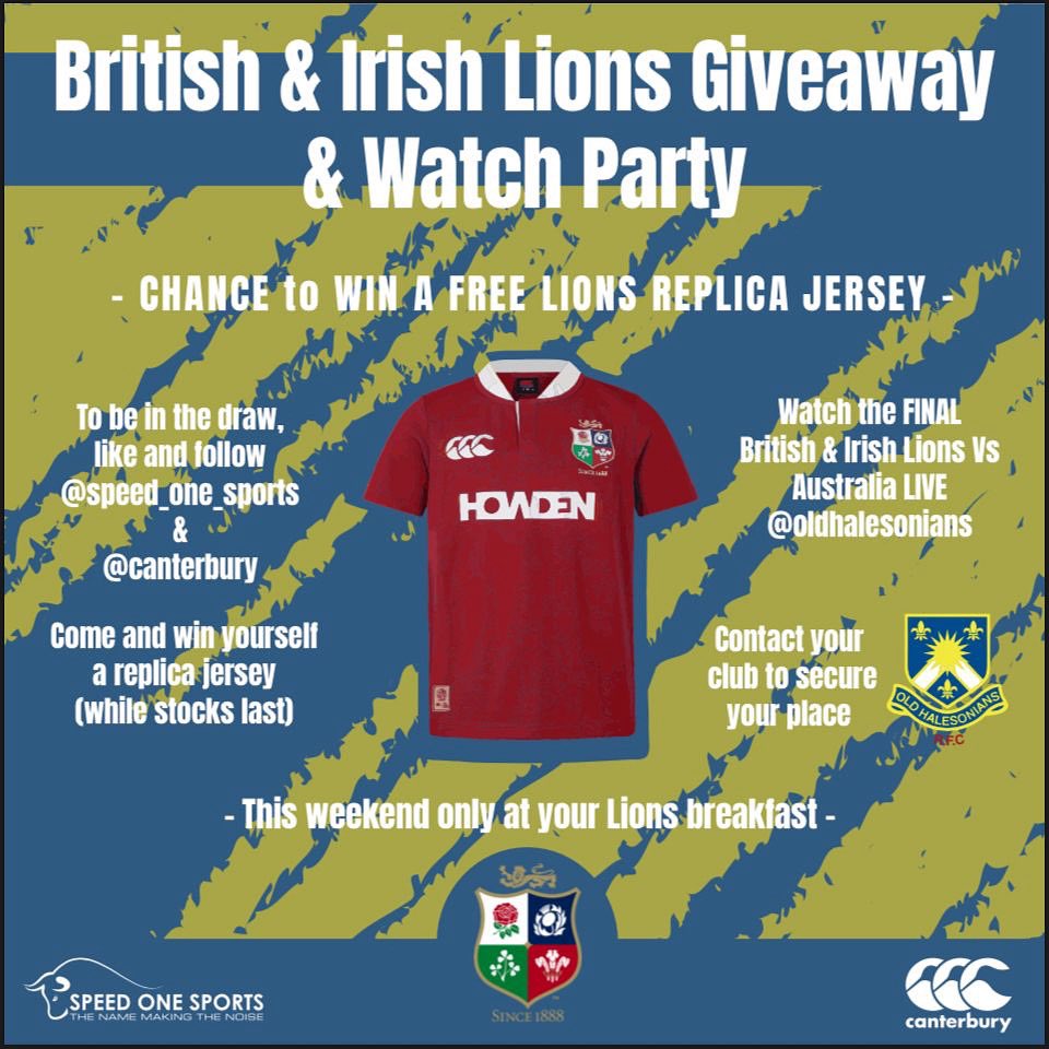 🔥 LIONS GIVEAWAY! 🔥
Join our Watch Party this weekend &amp; WIN a FREE replica jersey! 🏉

📍 @oldhalesonians
🦁 Lions vs 🇦🇺 Australia

✅ Like &amp; follow @speed_one_sports + @canterbury
🏆 Be there to claim your jersey (while stocks last!)

#LionsBreakfast #LionsGiveaway #RugbyFinal