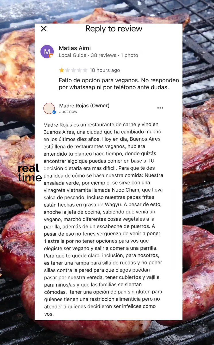 Un vegano fue a comer a una parrilla y le puso 1 estrella al restaurante. EL DUEÑO: "Elegiste ser vegano y salir a comer a una parrilla. No tenés vergüenza"