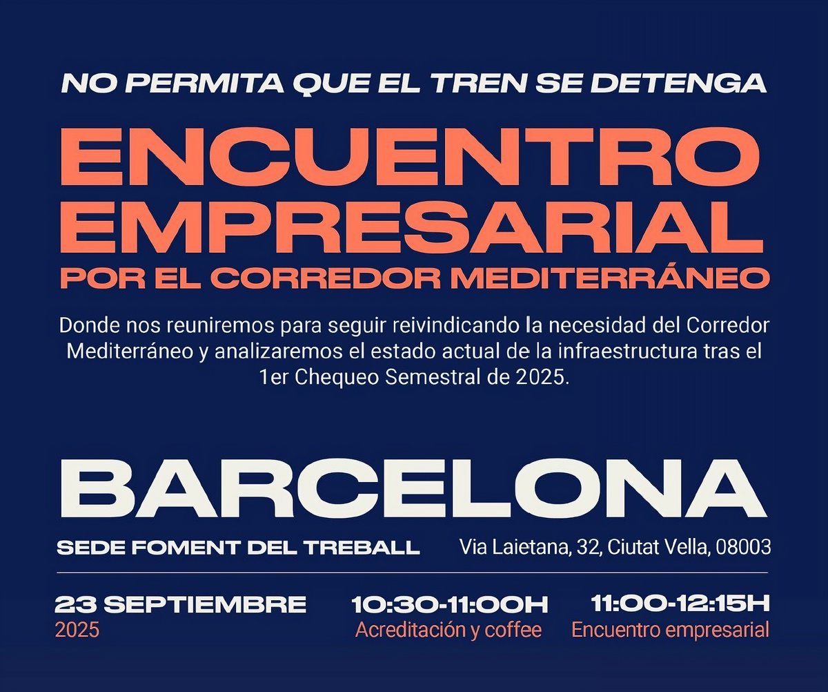 #QuieroCorredor | Trobada empresarial per al Corredor Mediterrani.

El 23 de setembre a les 10:30h et convidem a una trobada empresarial amb <a href="/AVEmpresarios/">AVE</a> per reivindicar la necessitat del #CorredorMediterrani, una #Infraestructura fonamental per al desenvolupament econòmic i