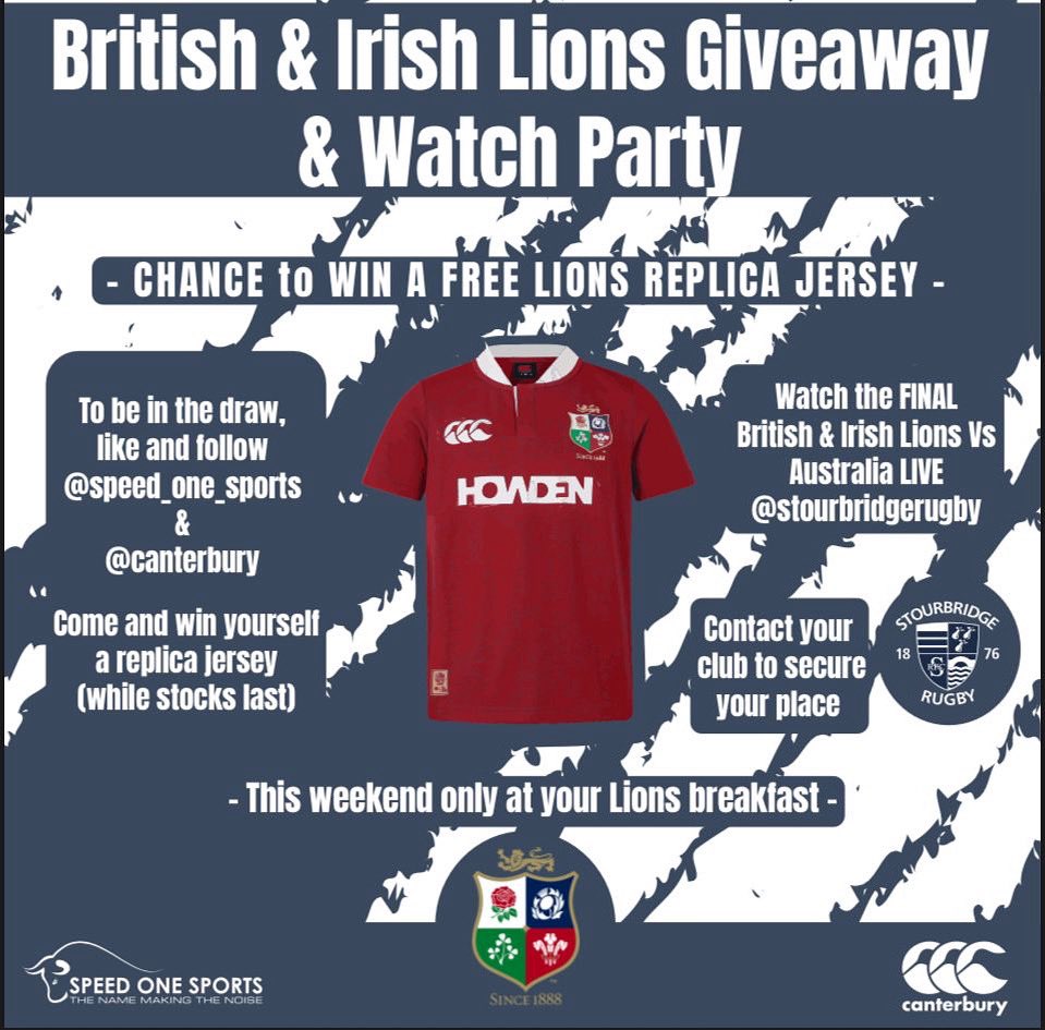 🔥 LIONS GIVEAWAY! 🔥
Join our Watch Party this weekend &amp; WIN a FREE replica jersey! 🏉

📍 <a href="/StourbridgeRFC/">Stourbridge Rugby</a> 
🦁 Lions vs 🇦🇺 Australia

✅ Like &amp; follow @speed_one_sports + @canterbury
🏆 Be there to claim your jersey (while stocks last!)

#LionsBreakfast #LionsGiveaway #Rugby