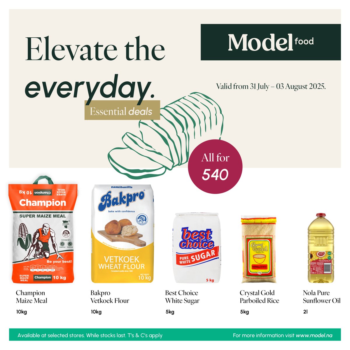 Elevate your kitchen essentials with Model Food's premium produce weekend combo. One stop. One shop. Weekend is sorted. Secure yours for only N$540.00 while stocks last. 

Offer valid until 3 August.

#ModelNamibia #ElevateTheEveryday