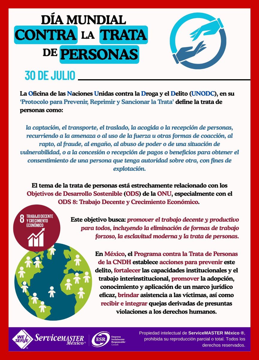 ServiceMasterM7's tweet image. 💙 Hoy, #30deJulio, en el #DíaMundialContraLaTrata, recordemos que la trata de personas sigue afectando a millones en el mundo. 

🚨 Concientizar acerca de la situación de las víctimas, así como promover y proteger sus derechos.

#ESR #servicemastermexico #CuidemonosEntreTodos