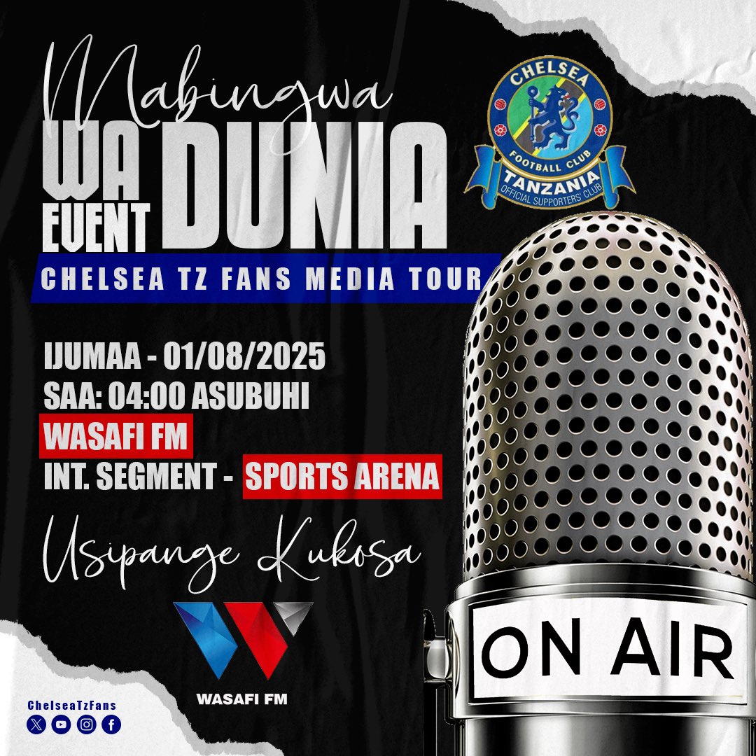 Keshooooooo ndani ya #SPORTSARENA PALE #USAFINI 

👉 #ChelseaTanzania Tutahutubia Taifa kuanzia sa Nne Asubuh

#ChelseaEvent2025 
#WasafiFm