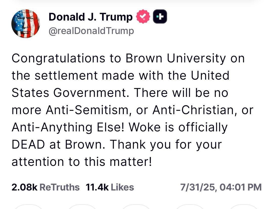 🇪🇸 Así se combate el antisemitismo El presidente Trump anuncia que la prestigiosa Universidad de Brown (séptima en el ranking de EE. UU.) ha firmado un acuerdo con la administración para prevenir el antisemitismo y el anticristianismo. Trump declara que la "woikismo" en la