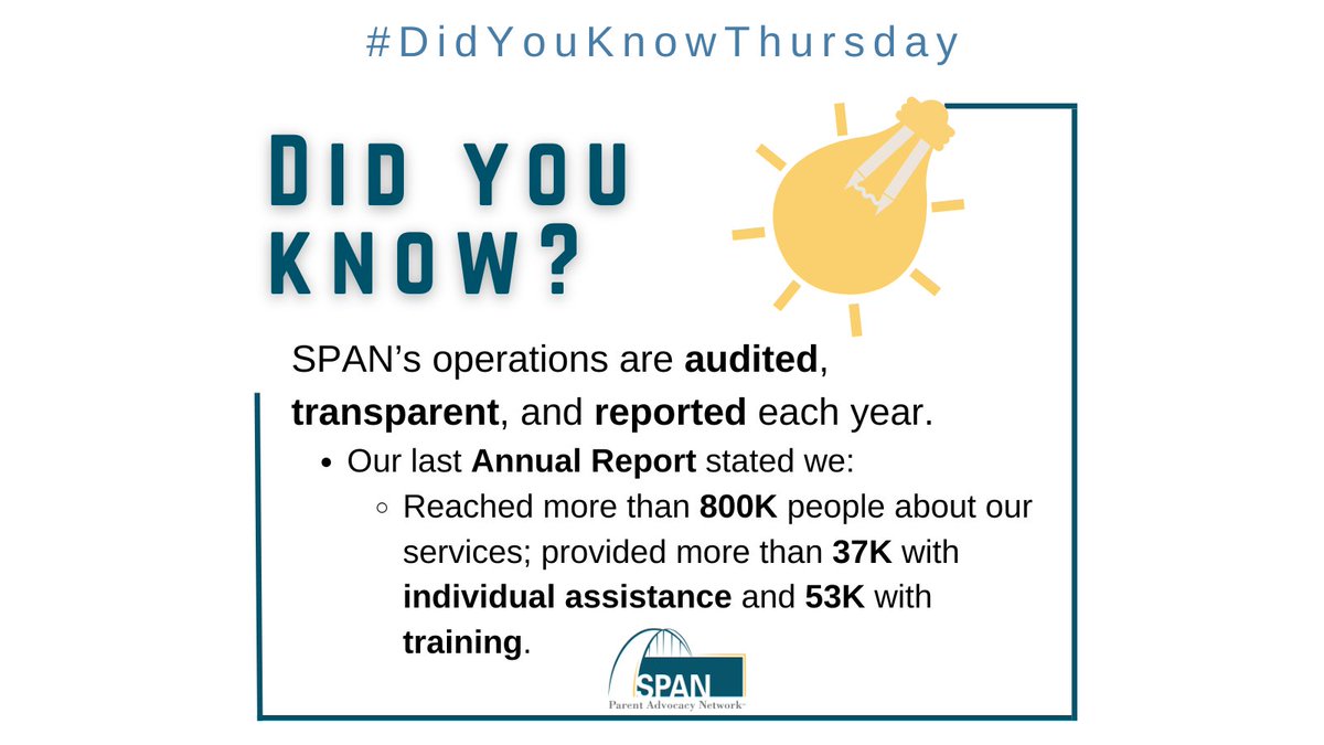 Did you know that SPAN's operations are audited, transparent and reported each year?

Our Annual Report shows that we reached more than 800K about our services; provided more than 37K with individual assistance and 53K with training.

spanadvocacy.org/2023-annual-re…

#DidYouKnowThursday