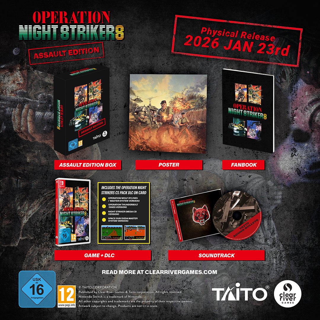 clearrivergames's tweet image. Operation Night Strikers by @TaitoCorp! 4 classic shooters packed with 80’s action! Race the streets in Night Striker, go deep behind enemy lines in Operation Wolf and Operation Thunderbolt or blast apart terrifying aliens in SPACE GUN.

Coming January 23, 2026