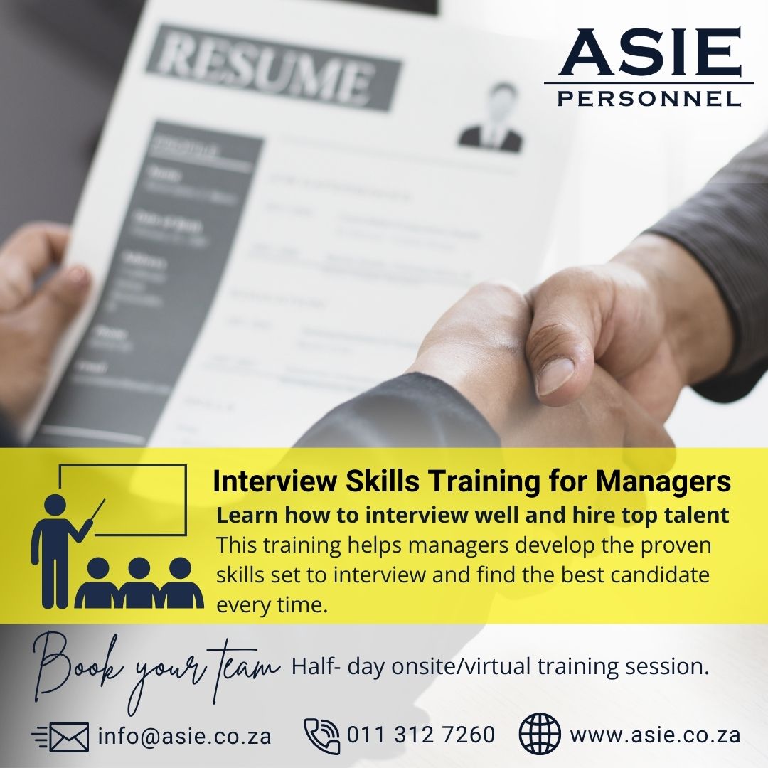 AsiePersonnel's tweet image. Interview Skills Training for Managers: 
Get in touch for more information/to book your team.
E: info@asie.co.za | W: asie.co.za | T: 011 312 7260

#asiepersonnel #interviewskillstraining #managementtraining