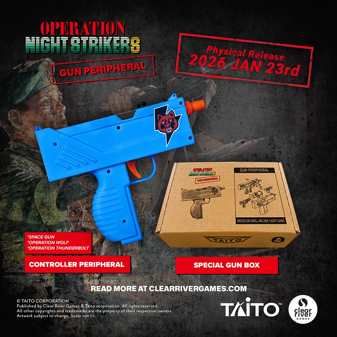 clearrivergames's tweet image. Operation Night Strikers by @TaitoCorp! 4 classic shooters packed with 80’s action! Race the streets in Night Striker, go deep behind enemy lines in Operation Wolf and Operation Thunderbolt or blast apart terrifying aliens in SPACE GUN.

Coming January 23, 2026