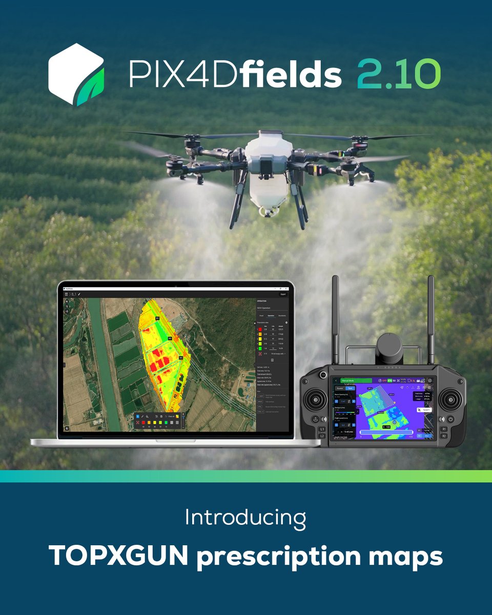 pix4d's tweet image. 📢 Big news: PIX4Dfields now supports TOPXGUN spray drones!
Turn your drone into the smartest spraying machine on the farm and get more out of every flight!
Ready to spray smarter? Download the latest #PIX4Dfields version and try it for free pix4d.com/product/pix4df…
