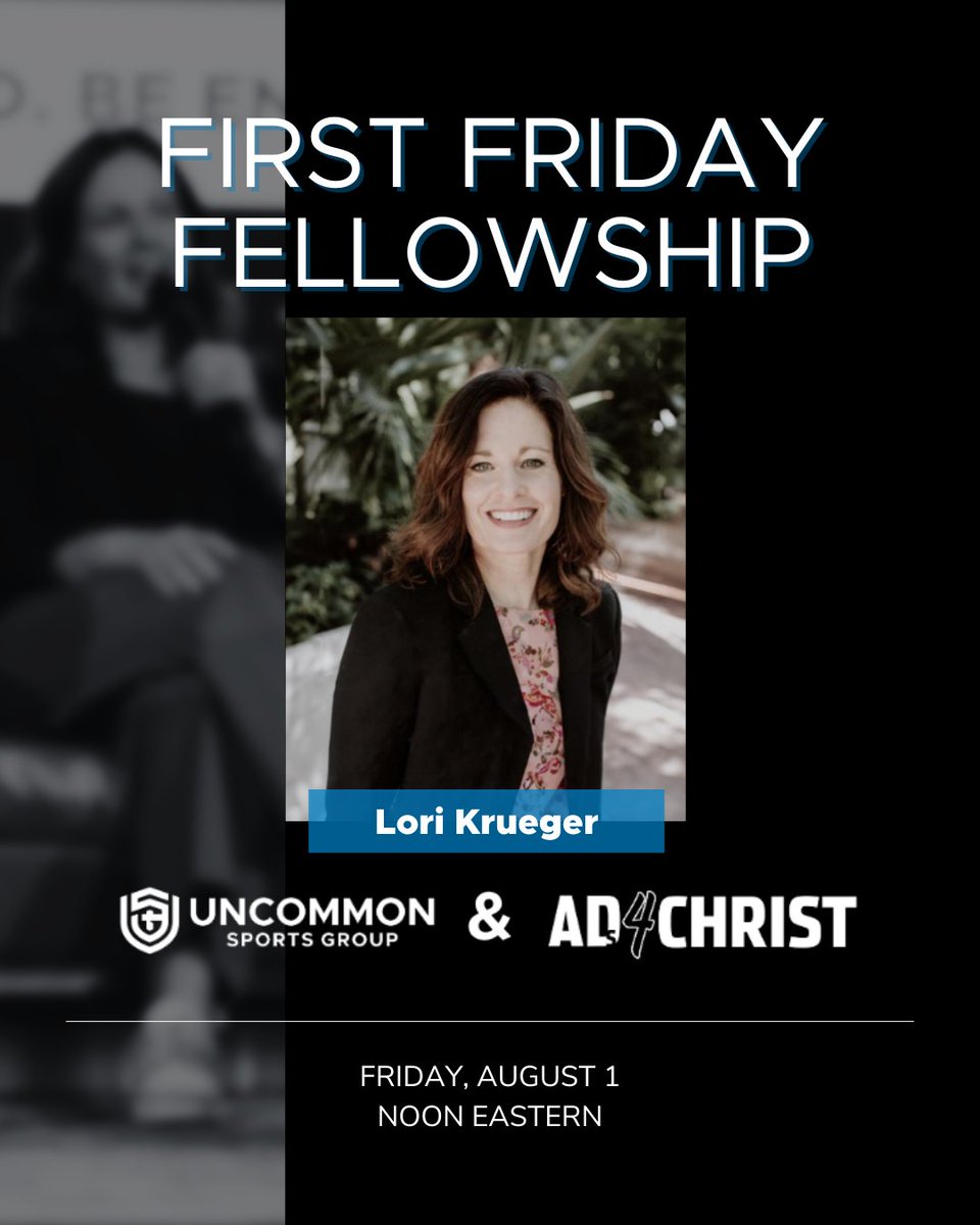 Uncommon Sports Group (@uncommonsg) on Twitter photo Join us tomorrow on Zoom to hear a message from Lori Krueger, Professional Women's Soccer Chaplain and Leadership Coach at our First Friday Fellowship gathering!
📅 8/1/25
🕛 Noon ET
🤝<a href="/ADs4ChristInfo/">ADs for Christ</a>
Register: cws.uncommonsg.org/first-friday-f… Join us tomorrow on Zoom to hear a message from Lori Krueger, Professional Women's Soccer Chaplain and Leadership Coach at our First Friday Fellowship gathering!
📅 8/1/25
🕛 Noon ET
🤝<a href="/ADs4ChristInfo/">ADs for Christ</a>
Register: cws.uncommonsg.org/first-friday-f…