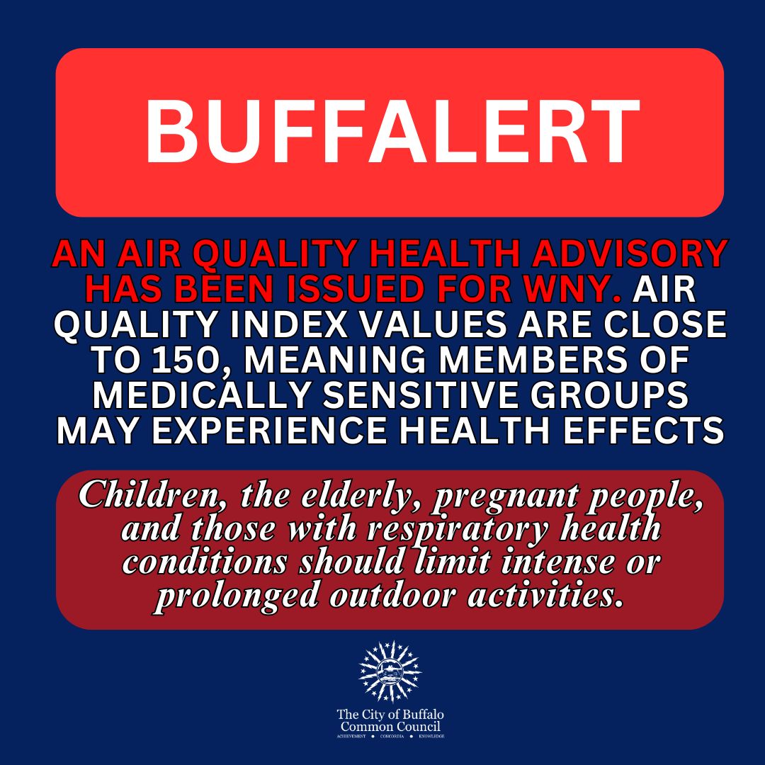 An air quality health advisory has been issued for WNY. Air quality index values are close to 150, meaning members of medically sensitive groups may experience health effects and should limit intense or prolonged outdoor activities. See updates at airnow.gov.