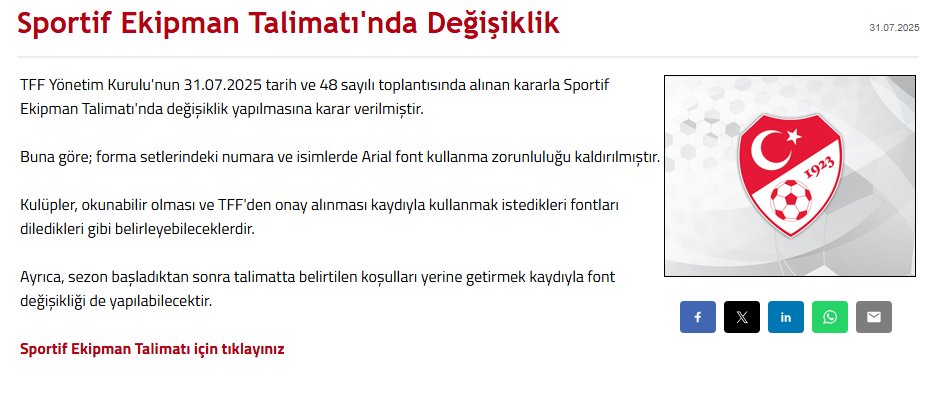 📢TFF, formalardaki Arial font kullanma zorunluluğunun kaldırıldığını açıkladı 👇

🗣️"Kulüpler, okunabilir olması ve TFF'den onay alınması kaydıyla kullanmak istedikleri fontları diledikleri gibi belirleyebileceklerdir.
<a href="/TFF_Org/">TFF</a> 
<a href="/GalatasaraySK/">Galatasaray SK</a> 
Osimhen İcardi Sane Lazio