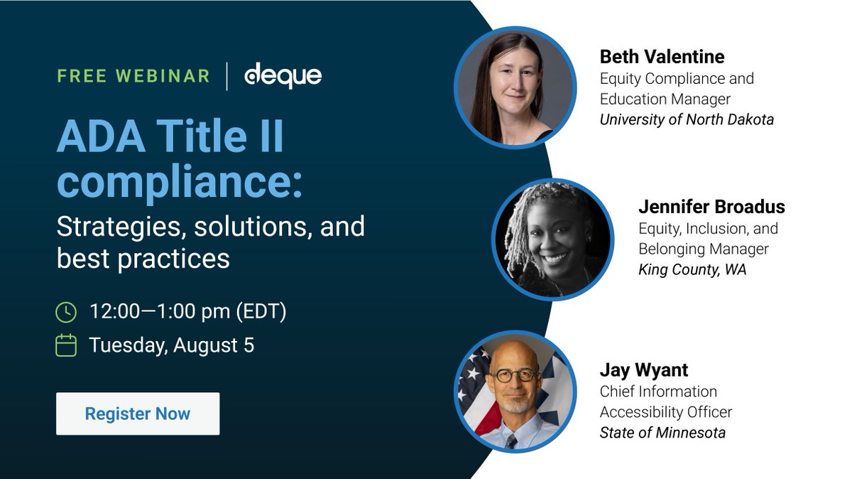 What do Jay Wyant, Beth Valentine, and Jennifer Broadus have in common? 

They’re experts who are actively driving #a11y change in some of the world's most complex higher education and government environments.

Please attend our live panel on August 5: hubs.li/Q03z57f30