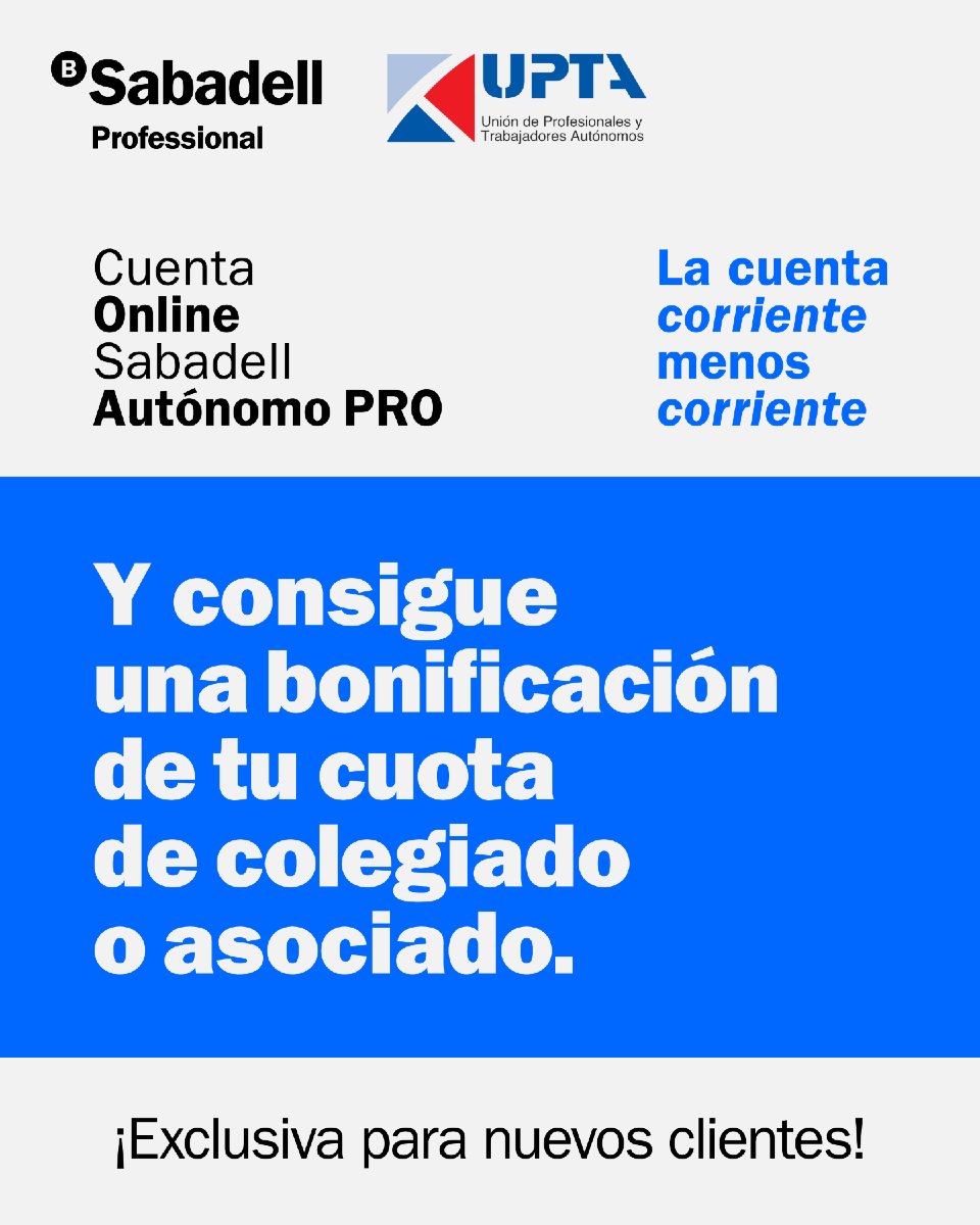 Ahora, al contratar la Cuenta Online Sabadell Autónomo PRO de Banco Sabadell, puedes conseguir una bonificación del 100 % de tu cuota de colegiado o asociado del primer año (hasta un máximo de 100 €)*. 👉 Consulta la oferta vigente y contrátala desde tu móvil aquí: