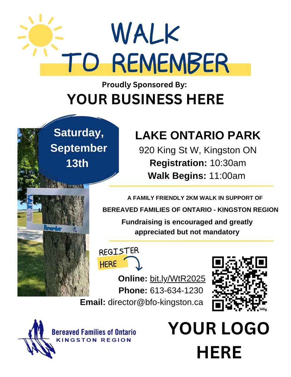 Sponsorship opportunities available! The #WalkToRemember2025 is in just 6 weeks - get your business' name out in the community while supporting BFO-Kingston &amp; being part of an incredible memorial event!

Contact director@bfo-kingston.ca to learn more.

#WeAreHere to #SupportYGK