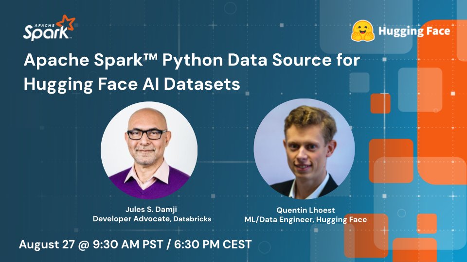 Curious about Python Data Sources in in Apache Spark 4.x? 🤔

Discover as we dive deep into the latest innovations and integration of 𝗔𝗽𝗮𝗰𝗵𝗲 𝗦𝗽𝗮𝗿𝗸™ 𝗮𝗻𝗱 𝗛𝘂𝗴𝗴𝗶𝗻𝗴 𝗙𝗮𝗰𝗲 AI datasets.

✅ Jules Damji (@Databricks) will break down the new Python Data Source in