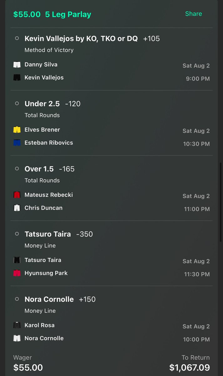 $55 to win $1067 on a UFC Vegas 108 parlay.