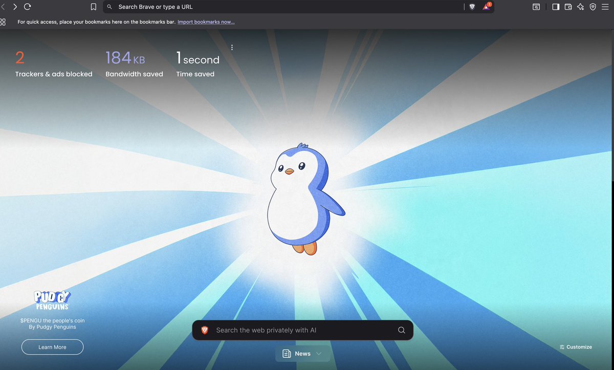 Pengu just took over <a href="/brave/">Brave</a>’s homepage. 

Over 90 million people worldwide will open a new tab and see Pengu.