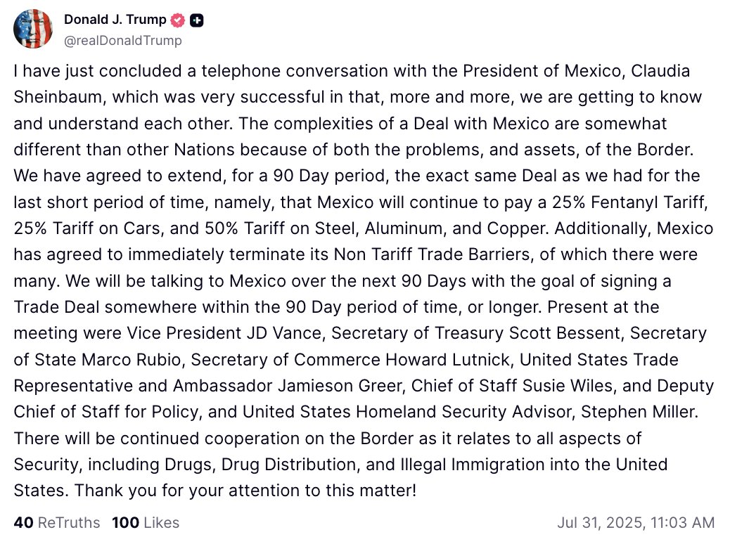 🔵MARKET: Trump annuncia l'estensione dell'accordo con il Messico per 90 giorni
