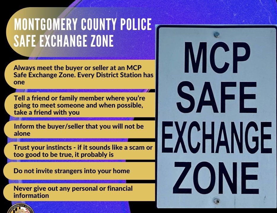 Montgomery County MD Government (@montgomerycomd) on Twitter photo 🚨 After a recent attempted carjacking during a Facebook Marketplace sale, we’re reminding residents to use designated Exchange Zones at <a href="/mcpnews/">Montgomery County Department of Police</a> district stations for safer in-person transactions.
💡 Safety tips + zone locations: ow.ly/fRN650Wy3f4 🚨 After a recent attempted carjacking during a Facebook Marketplace sale, we’re reminding residents to use designated Exchange Zones at <a href="/mcpnews/">Montgomery County Department of Police</a> district stations for safer in-person transactions.
💡 Safety tips + zone locations: ow.ly/fRN650Wy3f4