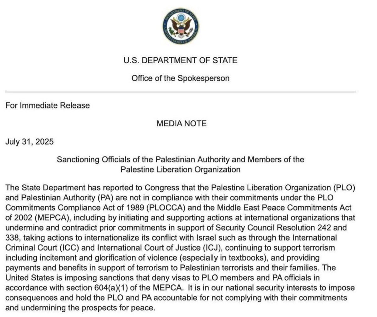 💥BOOM: The U.S. just sanctioned the Palestinian Authority and PLO.

No more visas. If you support jihad, you don’t get to visit our country. Period.