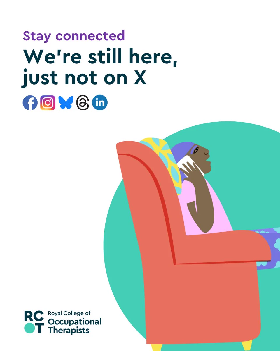 Text reads 'Stay connected – We’re still here, just not on X' with a logo for Facebook, Instagram, Bluesky, Threads and LinkedIn underneath. It features an illustration of a person sitting in an armchair, smiling while talking on the phone.
